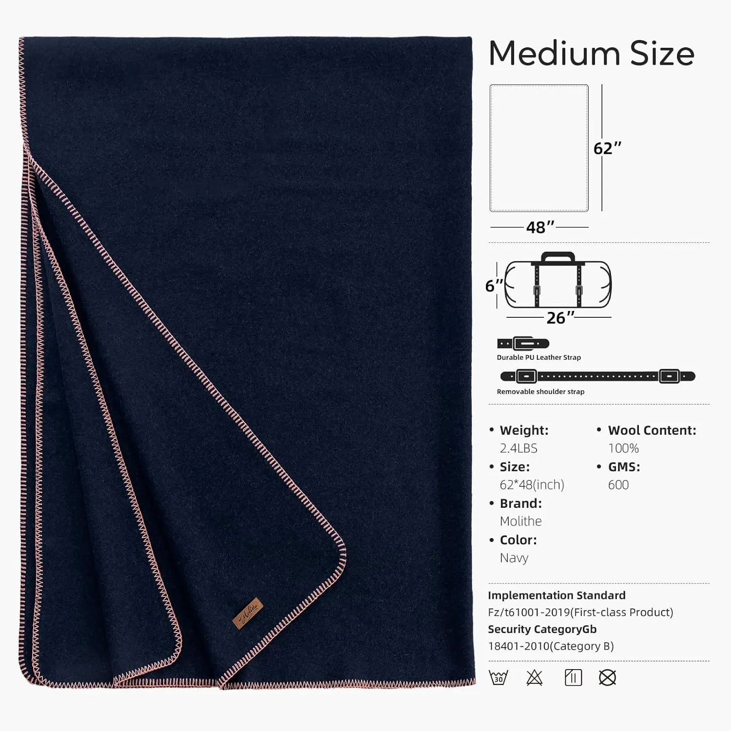 100% Wool Blanket, 48" x 62", Warm, Thick, Washable, Military Wool Blanket, Great for Camping, Outdoors, Sporting Events, Survival KitsNavy