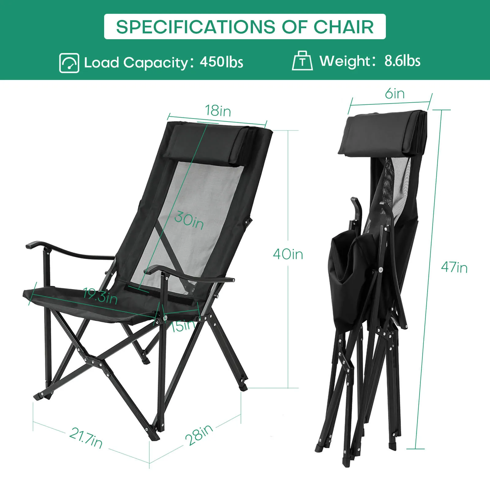 600D Oxford Heavy Duty Portable Camping Chair Lightweight Support