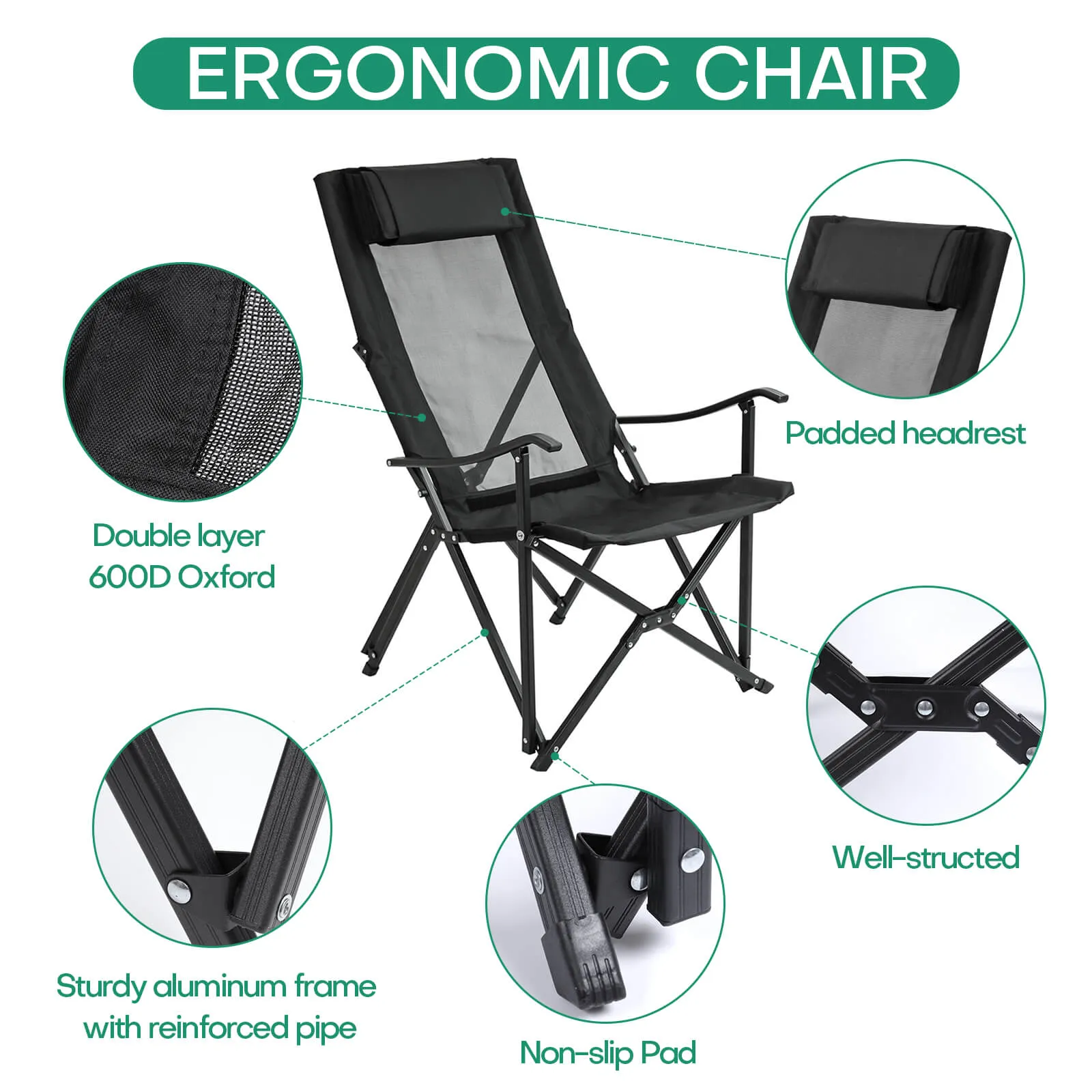 600D Oxford Heavy Duty Portable Camping Chair Lightweight Support