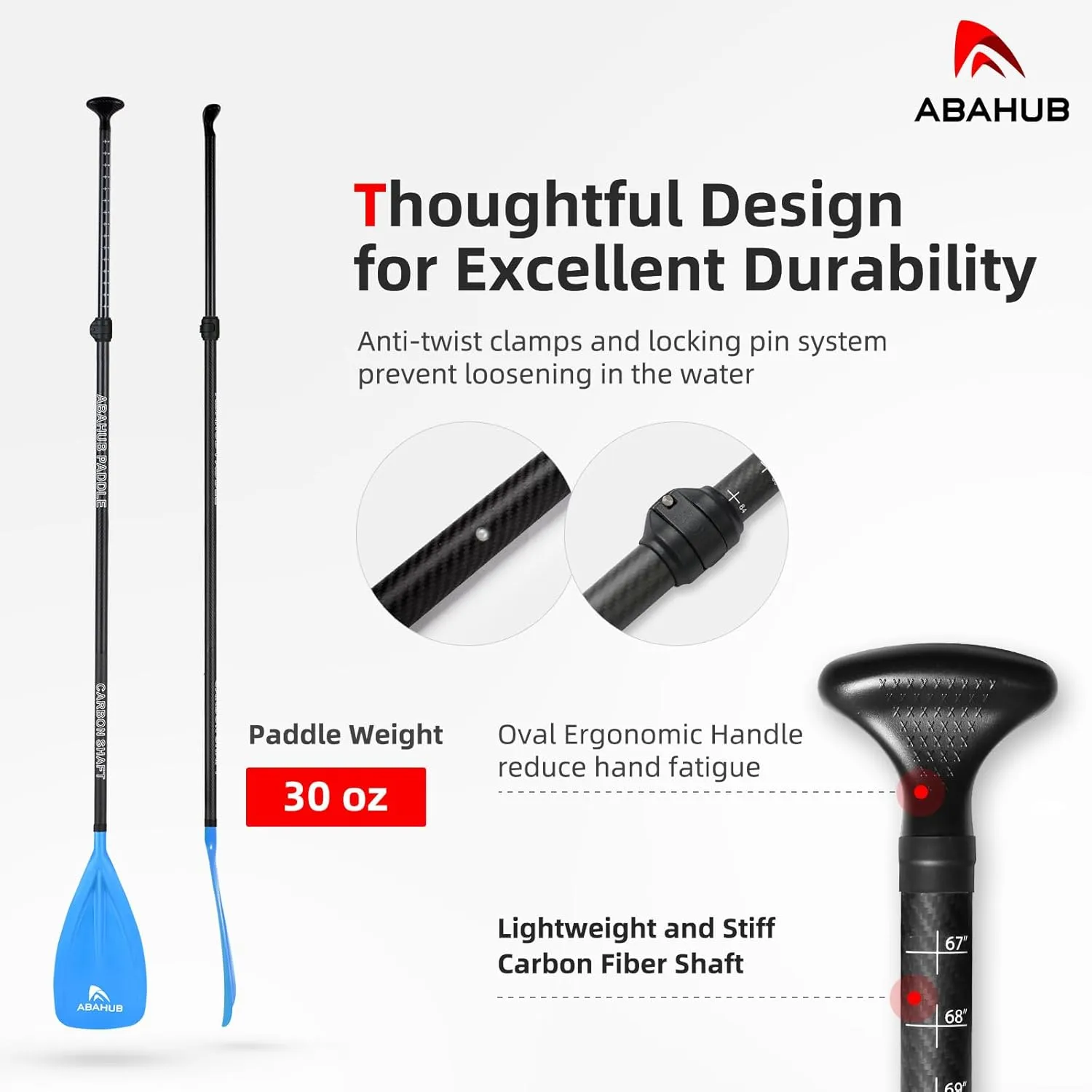 Abahub 1 x 3 Section Carbon Fiber SUP Paddle, Adjustable 67''-86'' Stand Up Paddle Lightweight Carbon Shaft, Black/Blue/Yellow/Green/Orange/Red Plastic Blade   Paddle Bag