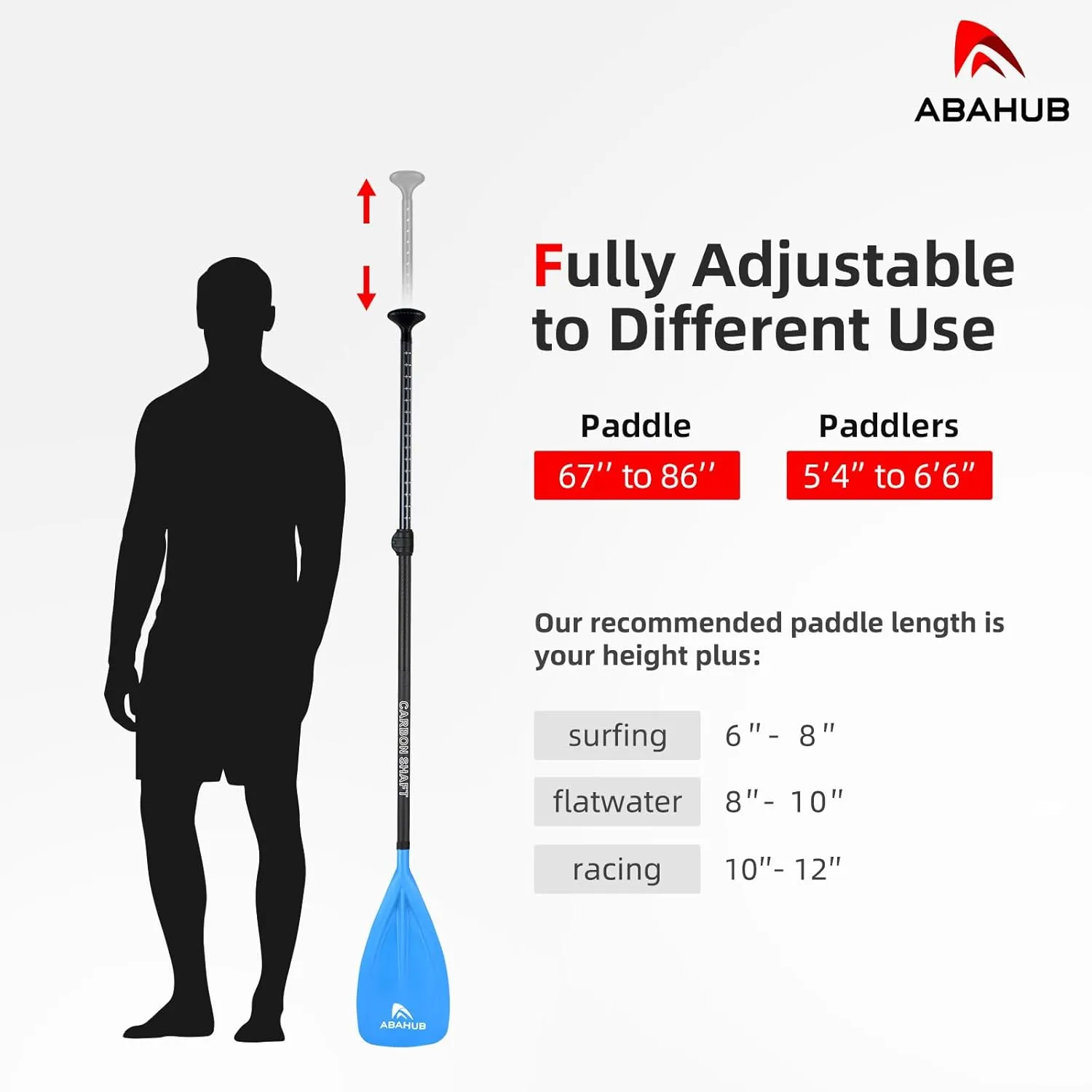 Abahub 1 x 3 Section Carbon Fiber SUP Paddle, Adjustable 67''-86'' Stand Up Paddle Lightweight Carbon Shaft, Black/Blue/Yellow/Green/Orange/Red Plastic Blade   Paddle Bag