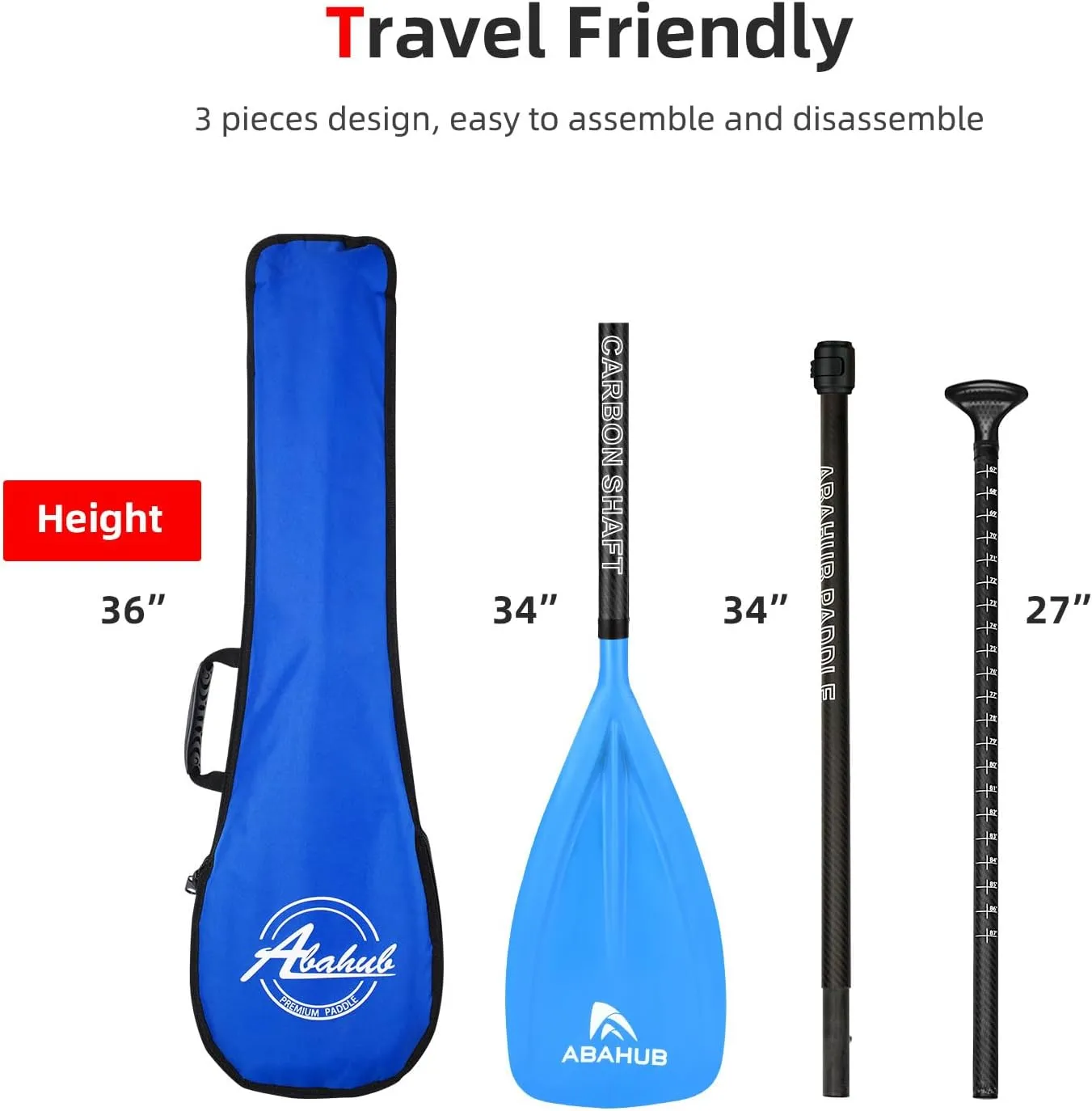 Abahub 1 x 3 Section Carbon Fiber SUP Paddle, Adjustable 67''-86'' Stand Up Paddle Lightweight Carbon Shaft, Black/Blue/Yellow/Green/Orange/Red Plastic Blade   Paddle Bag