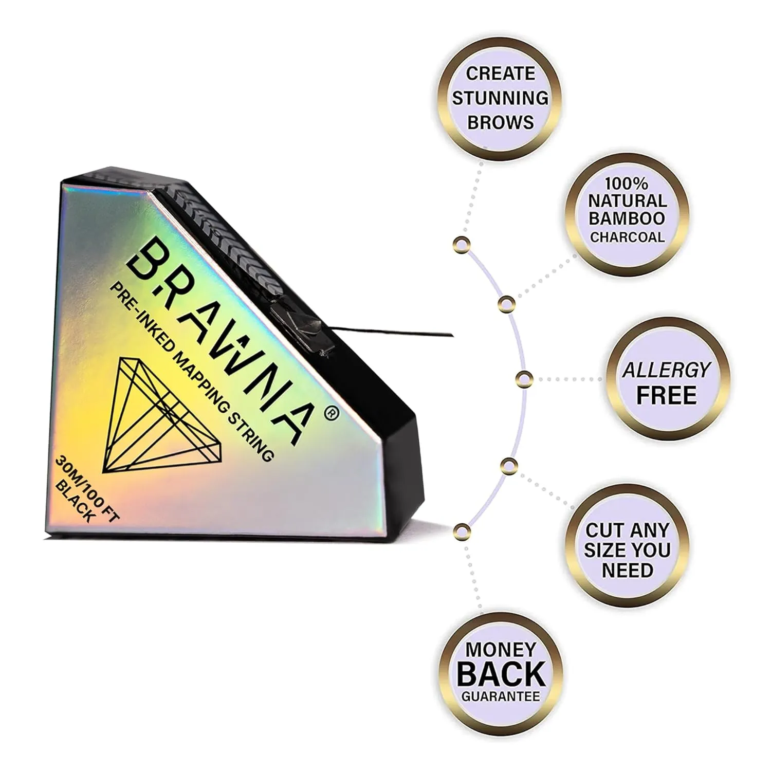 BRAWNA [ 30 Meters ] Pre-Inked Mapping String for Eyebrow Measuring Tool - PMU Supplies - 4 pack - Black