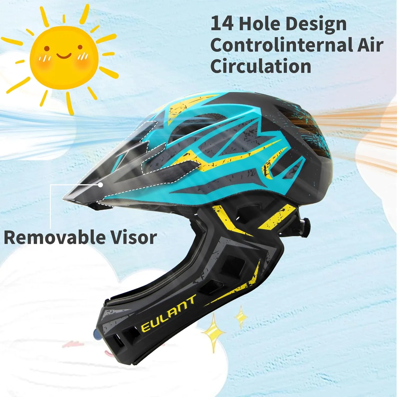 EULANT Childrens Full Face Helmet with Chin Guard, Bicycle Helmet for Girls and Boys Aged 6 Years, Fits Head Size 48-56 cm
