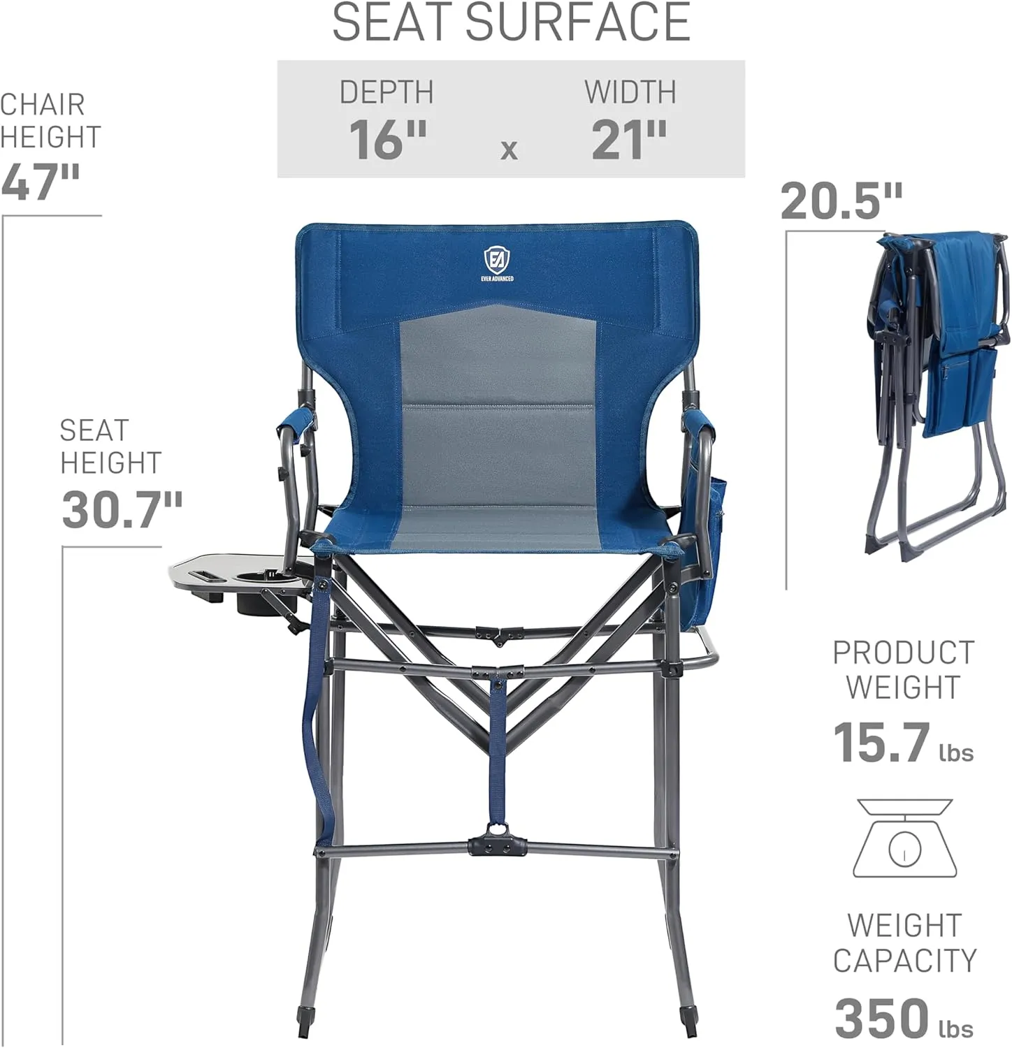 EVER ADVANCED Portable 30.7" Seat Height Tall Folding Chair Directors Chair High Foldable Bar Stool with Side Table for Makeup Artist, Camping, Sports Event, Craft Show, Supports 350LBS Blue Grey