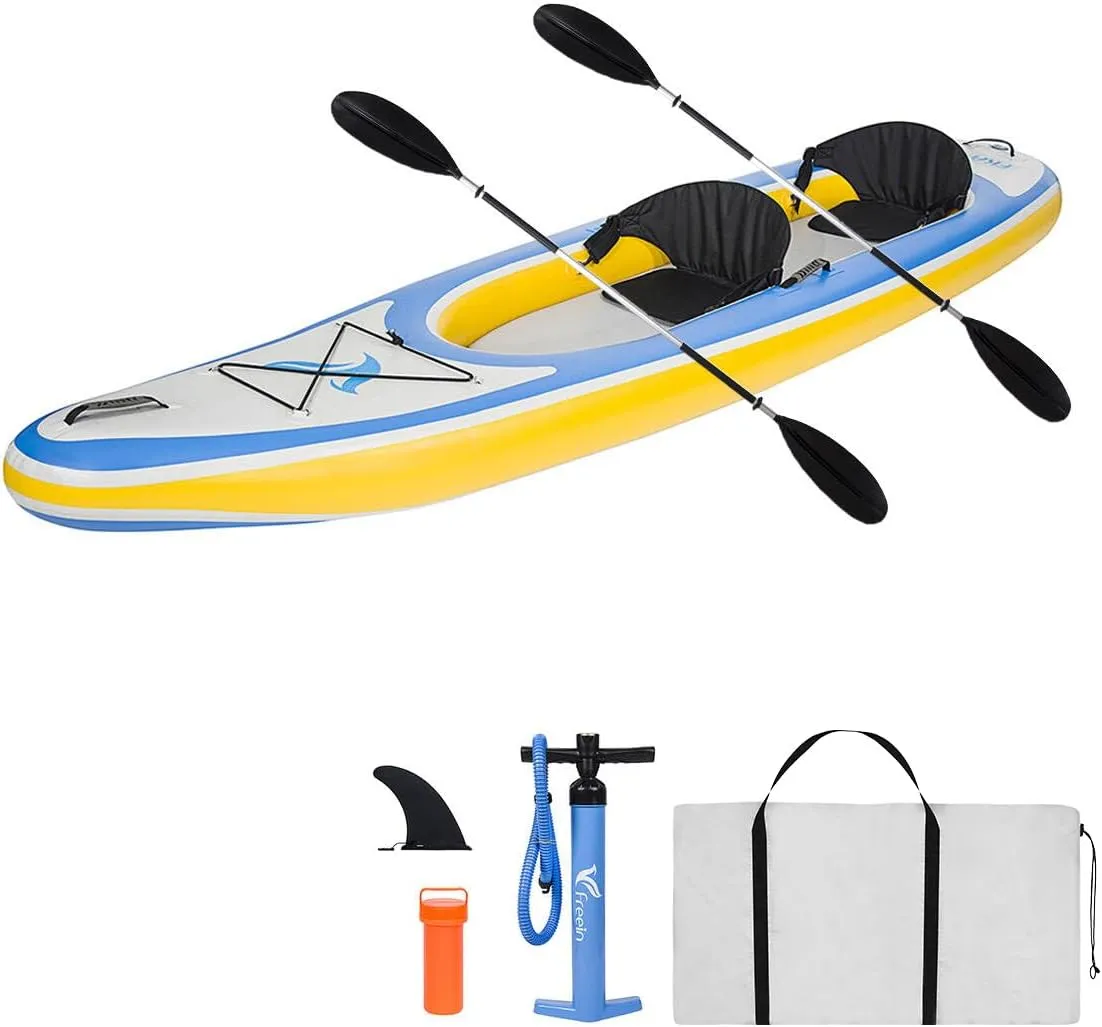 Freein 12'6''Drop Stitch SUP Inflatable Kayak 2 Persons Stand Up Paddle Board 8''Thick Twin Air Chamber Isup Blue Complete Package