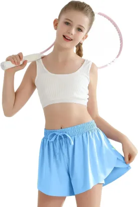 Girls Flowy Athletic Shorts with Pocket Kids Spandex 2 in 1 Drawstring Butterfly Skorts for Cheer, Dance, Running