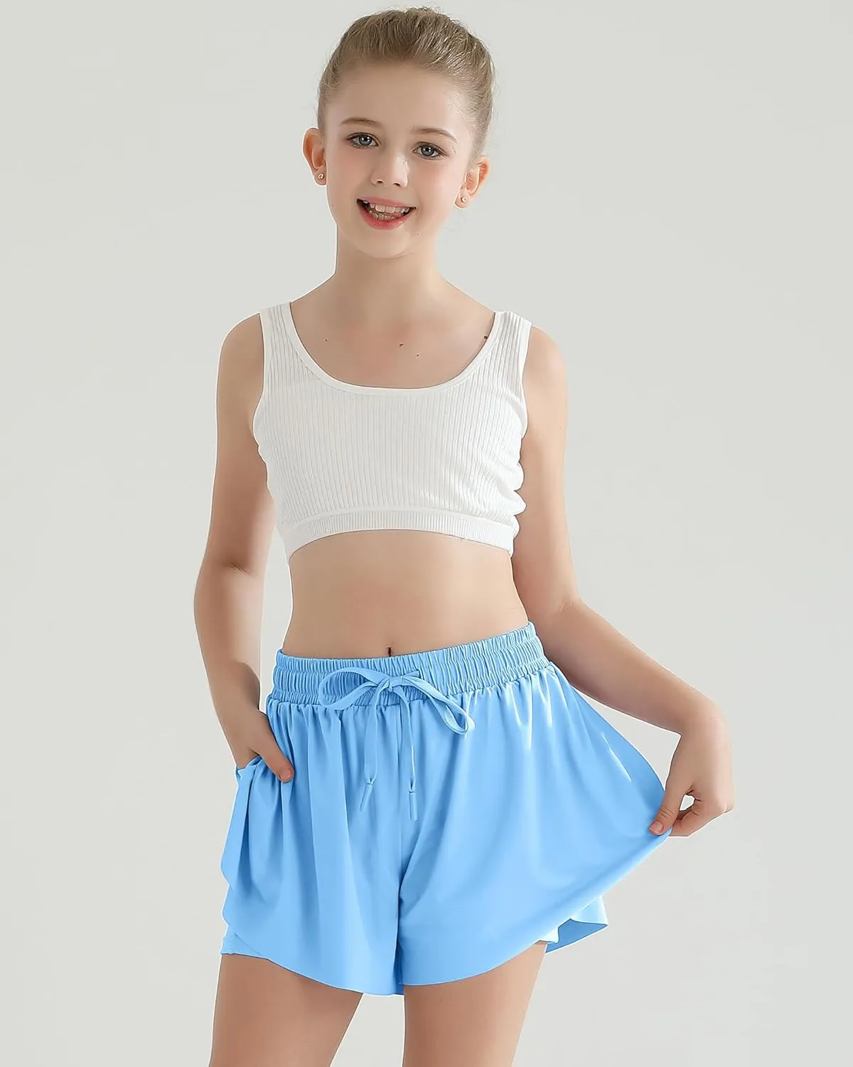 Girls Flowy Athletic Shorts with Pocket Kids Spandex 2 in 1 Drawstring Butterfly Skorts for Cheer, Dance, Running