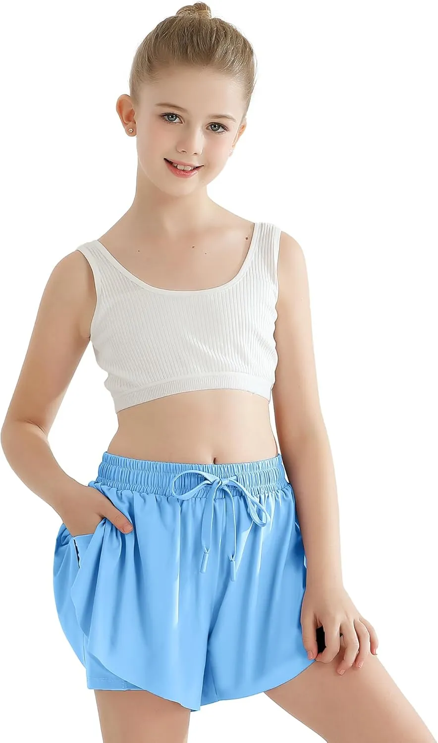 Girls Flowy Athletic Shorts with Pocket Kids Spandex 2 in 1 Drawstring Butterfly Skorts for Cheer, Dance, Running