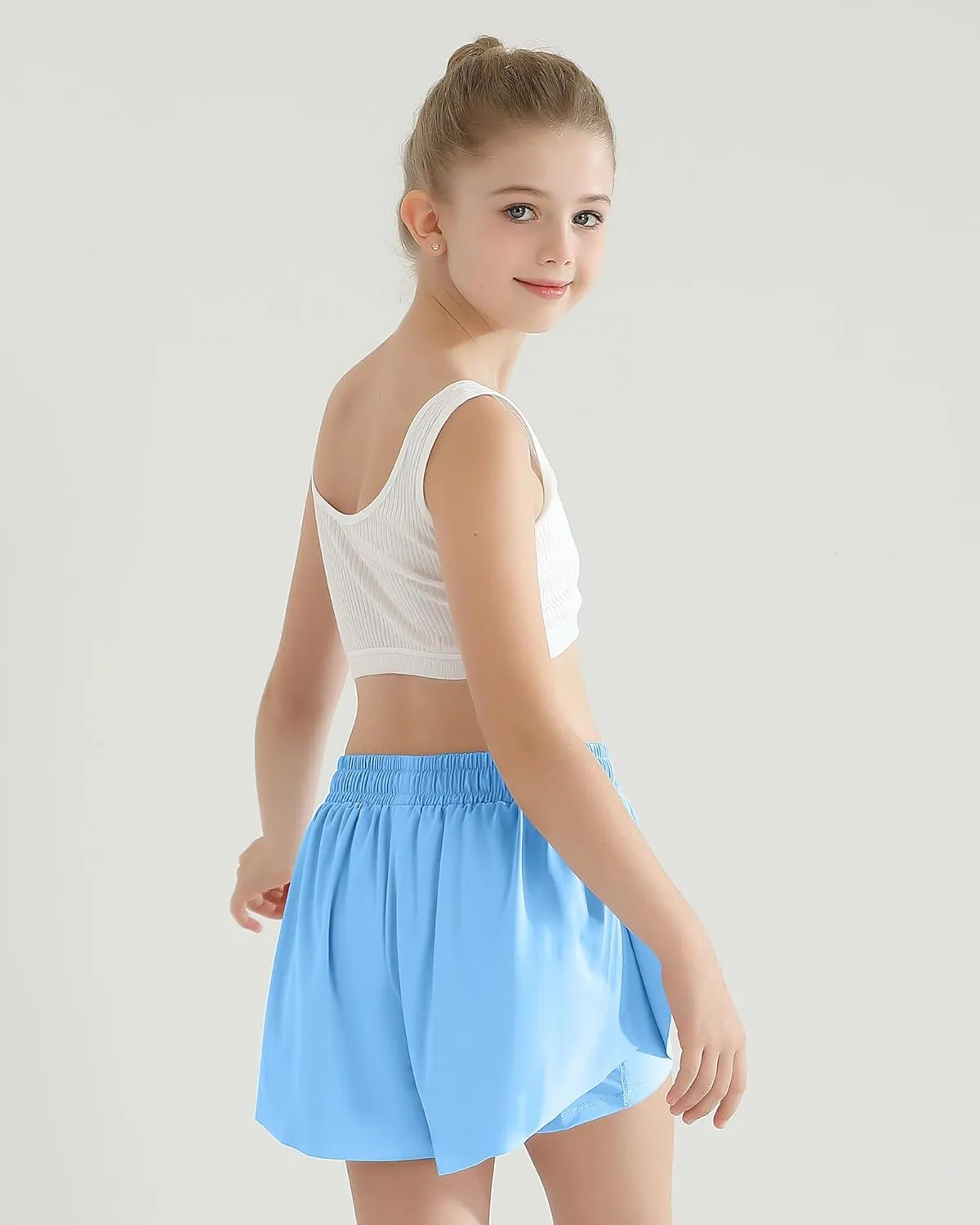 Girls Flowy Athletic Shorts with Pocket Kids Spandex 2 in 1 Drawstring Butterfly Skorts for Cheer, Dance, Running