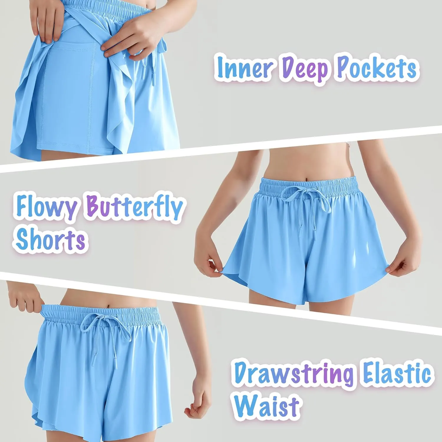 Girls Flowy Athletic Shorts with Pocket Kids Spandex 2 in 1 Drawstring Butterfly Skorts for Cheer, Dance, Running