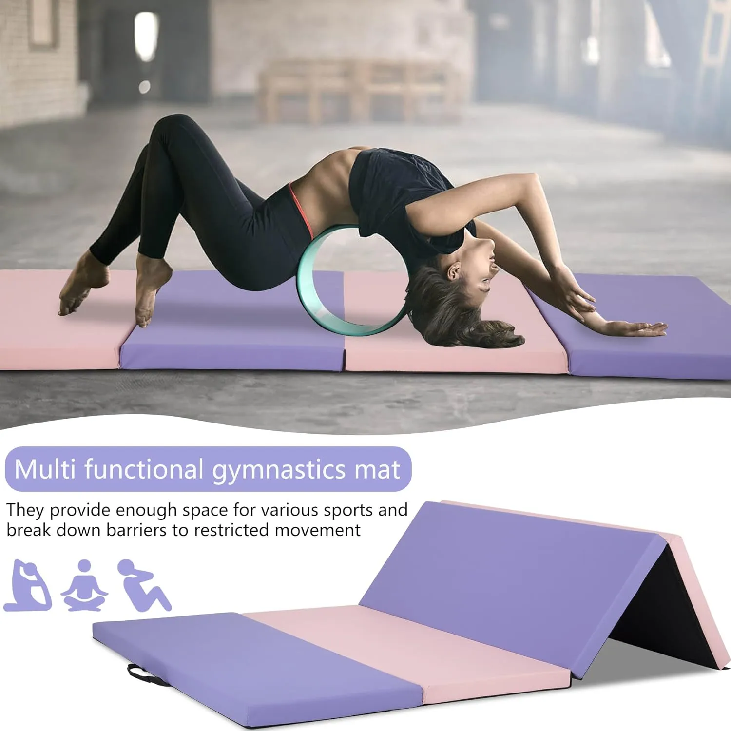 Gymnastics Tumbling Mats Gymnastics Mat Portable Foldable Tumbling Mat Thick PU Leather Exercise Mat Yoga Mat with Carrying Handles for home Workout outdoor Yoga Gymnastics