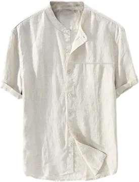 Linen Shirt for Men Collarless Button Down Short Sleeve Shirts Cotton Beach Casual Summer Shirts