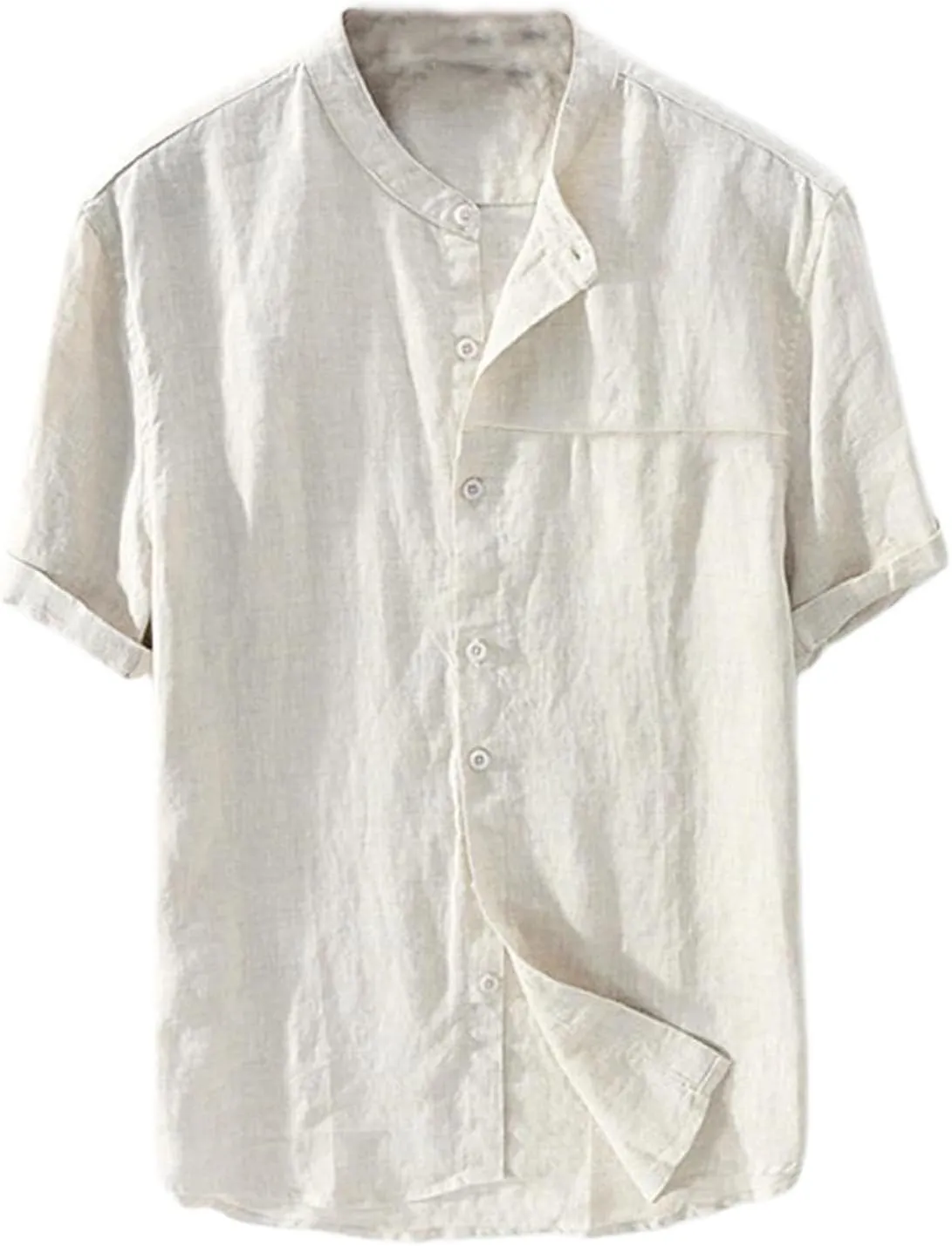Linen Shirt for Men Collarless Button Down Short Sleeve Shirts Cotton Beach Casual Summer Shirts