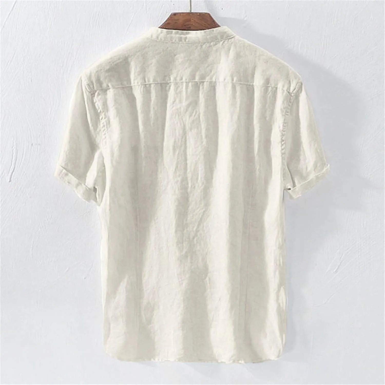 Linen Shirt for Men Collarless Button Down Short Sleeve Shirts Cotton Beach Casual Summer Shirts