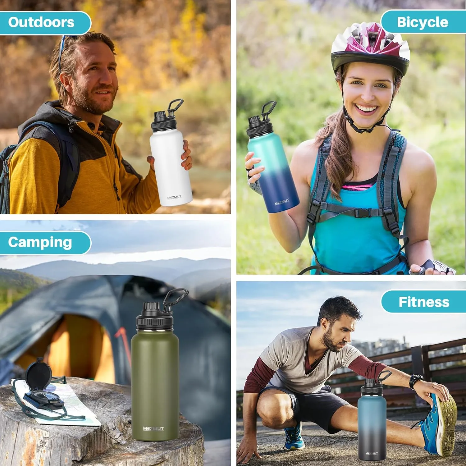 MEZMUT Stainless Steel Water Bottles 32oz Insulated Water Bottle with Straw&2 Lids Double Walled Sports Metal Thermos Water Bottle Cup Leak-Proof Vacuum Insulated Bottles Travel(Gradient Blue)