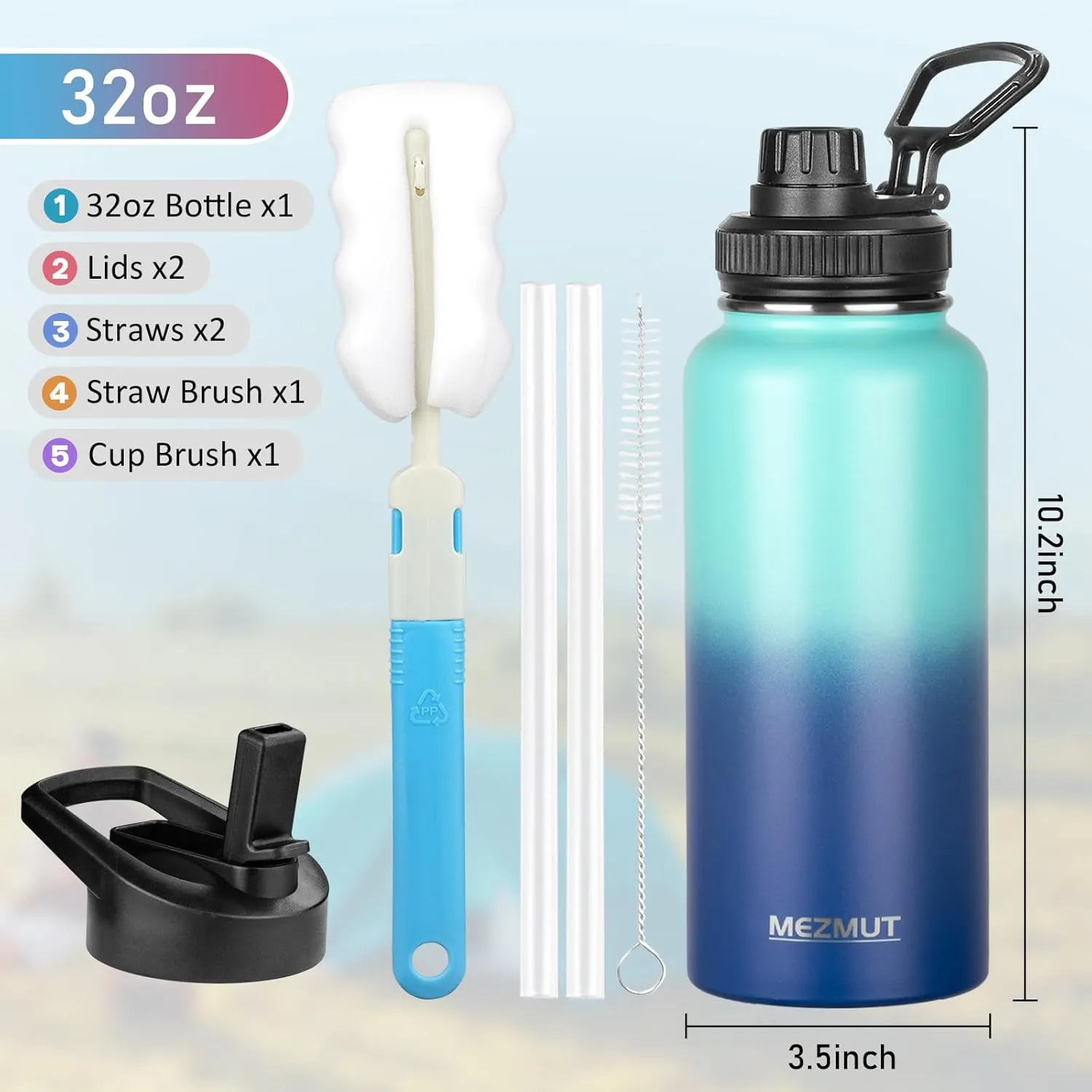 MEZMUT Stainless Steel Water Bottles 32oz Insulated Water Bottle with Straw&2 Lids Double Walled Sports Metal Thermos Water Bottle Cup Leak-Proof Vacuum Insulated Bottles Travel(Gradient Blue)