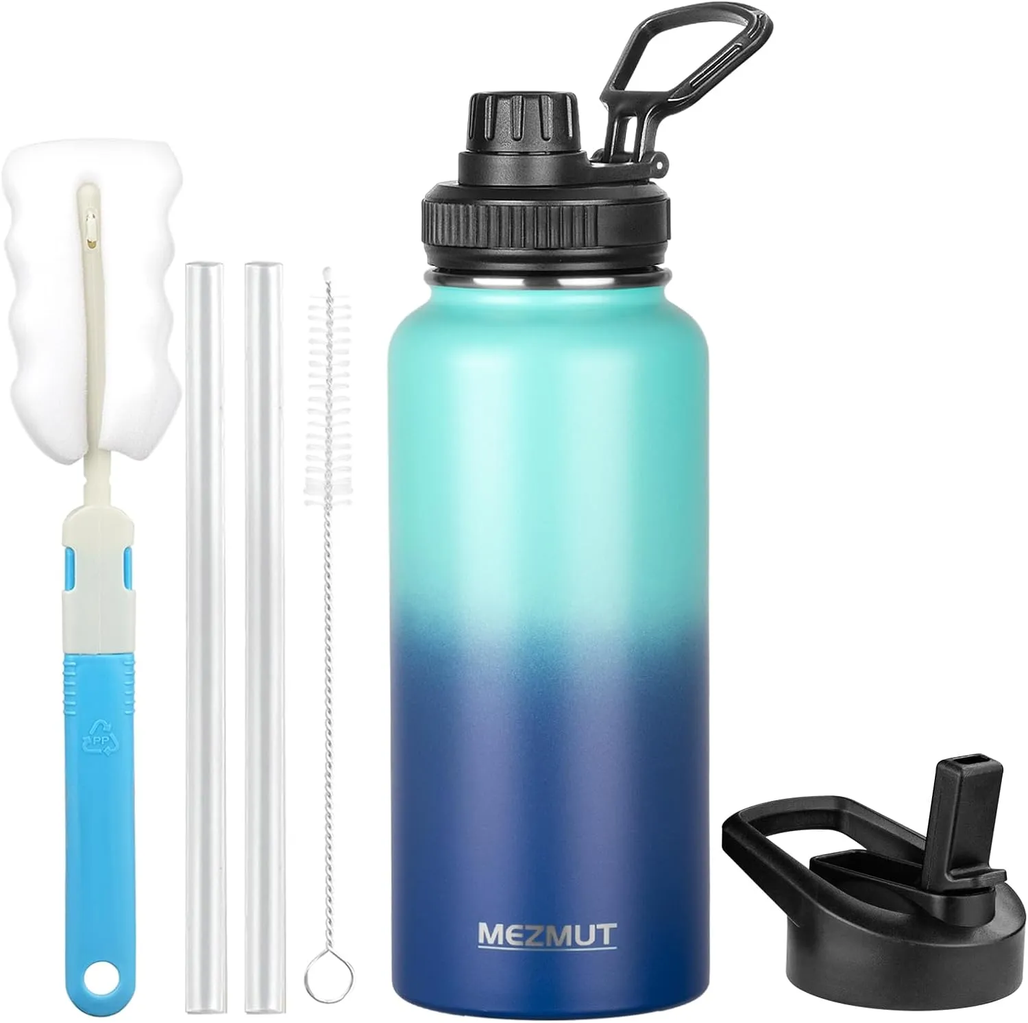 MEZMUT Stainless Steel Water Bottles 32oz Insulated Water Bottle with Straw&2 Lids Double Walled Sports Metal Thermos Water Bottle Cup Leak-Proof Vacuum Insulated Bottles Travel(Gradient Blue)