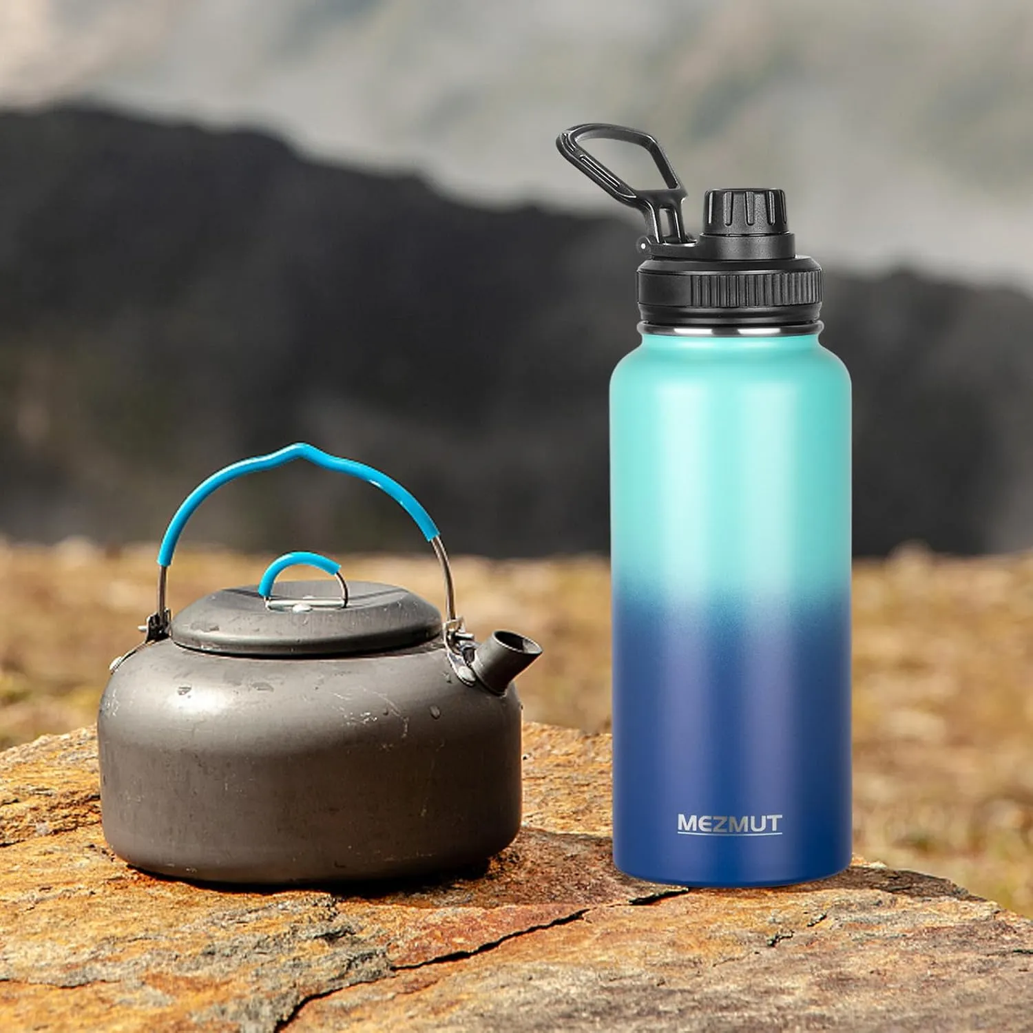 MEZMUT Stainless Steel Water Bottles 32oz Insulated Water Bottle with Straw&2 Lids Double Walled Sports Metal Thermos Water Bottle Cup Leak-Proof Vacuum Insulated Bottles Travel(Gradient Blue)