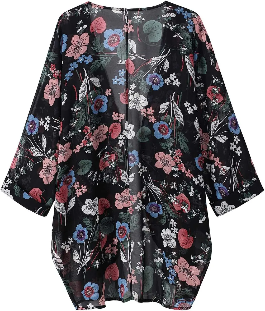 olrain Women's Floral Print Sheer Chiffon 3/4 Bat Sleeve Casual Loose Kimono Cardigan Capes