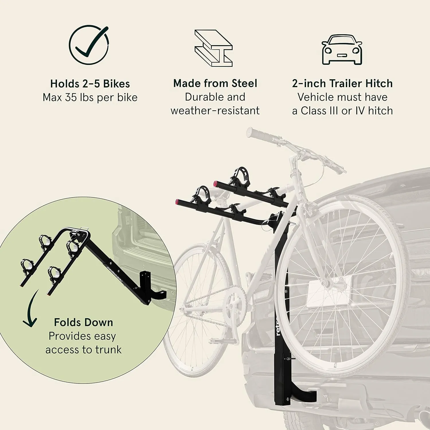 Retrospec Lenox 2-5 - Bike Hitch Rack for Cars, Trucks, SUVs with 2 Hitch | Foldable Steel Frame with Anti-Rattle Adapter, Tie Down Cradles and Straps - Fits Most Frames