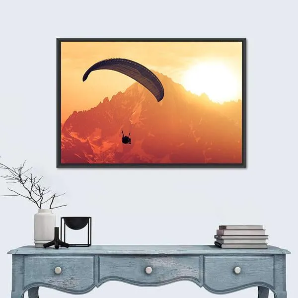 Sepia Paraglide Silhouette Over Alps Peaks Canvas Wall Art
