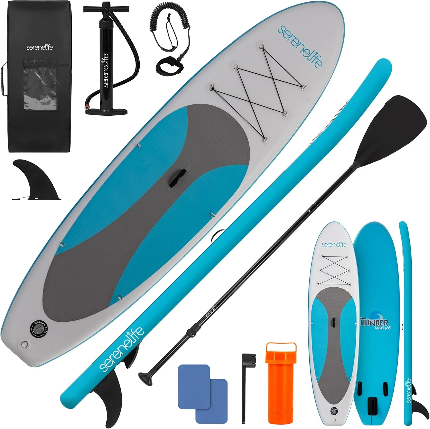 SereneLife Inflatable 10 Stand Up Paddle Board with 32 Wide Platform  Non-Slip EVA Deck, Drop-Stitch Construction, 3-Piece Aluminum Paddle, Safety Leash, Removable Fin & Backpack  275 lbs Capacity