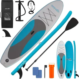 SereneLife Inflatable 10 Stand Up Paddle Board with 32 Wide Platform  Non-Slip EVA Deck, Drop-Stitch Construction, 3-Piece Aluminum Paddle, Safety Leash, Removable Fin & Backpack  275 lbs Capacity