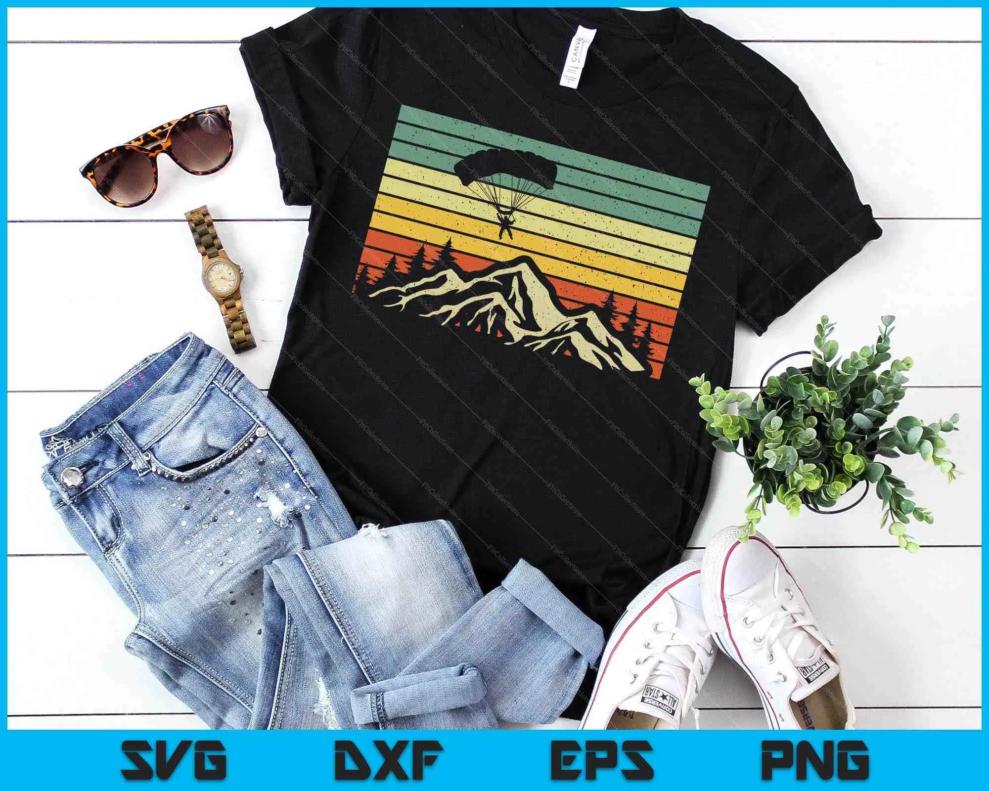 Soaring Over The Mountains Retro Paragliding SVG PNG Digital Cutting Files