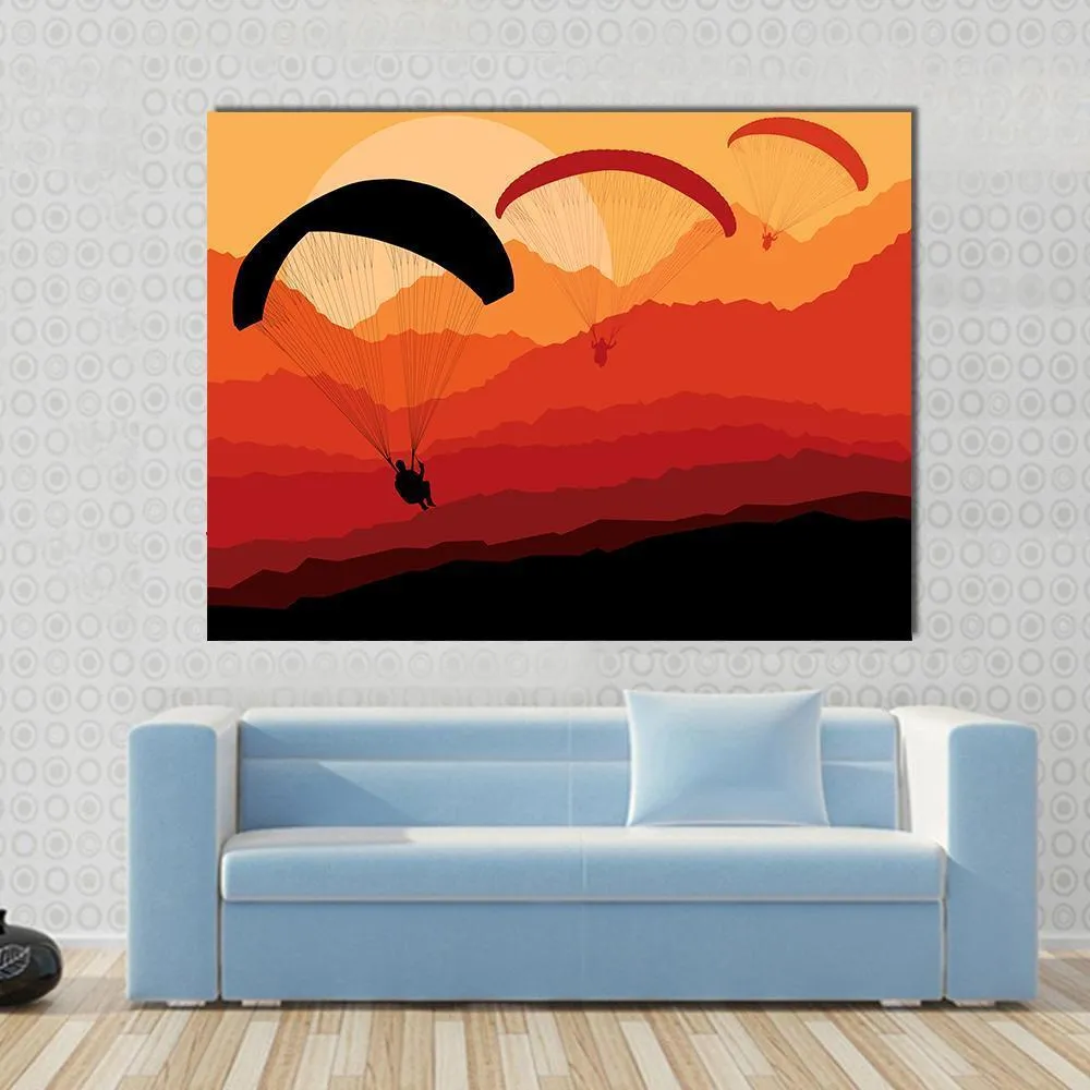 Three Paragliders Over Mountains Canvas Wall Art