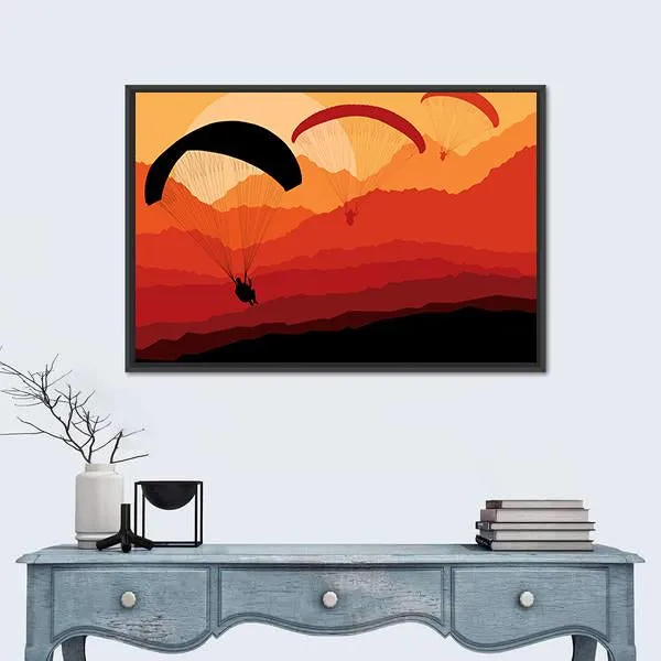 Three Paragliders Over Mountains Canvas Wall Art