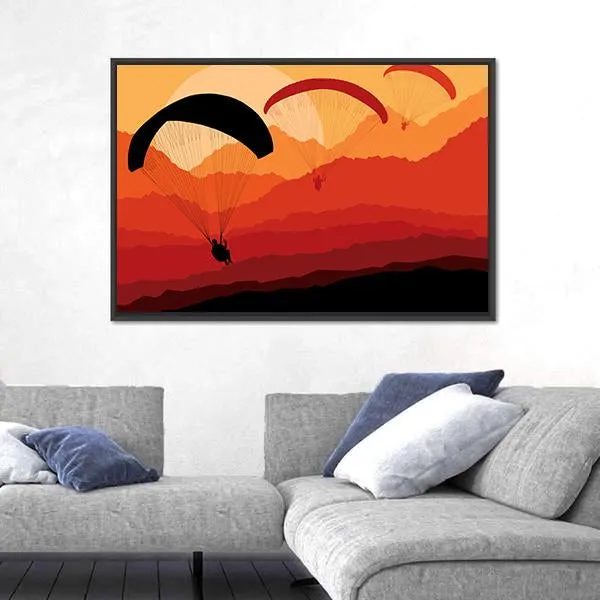 Three Paragliders Over Mountains Canvas Wall Art