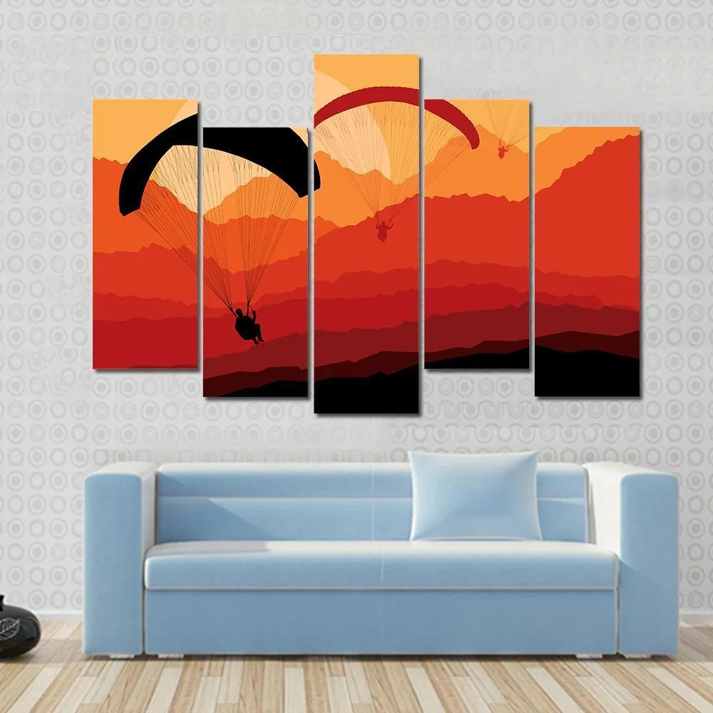 Three Paragliders Over Mountains Canvas Wall Art