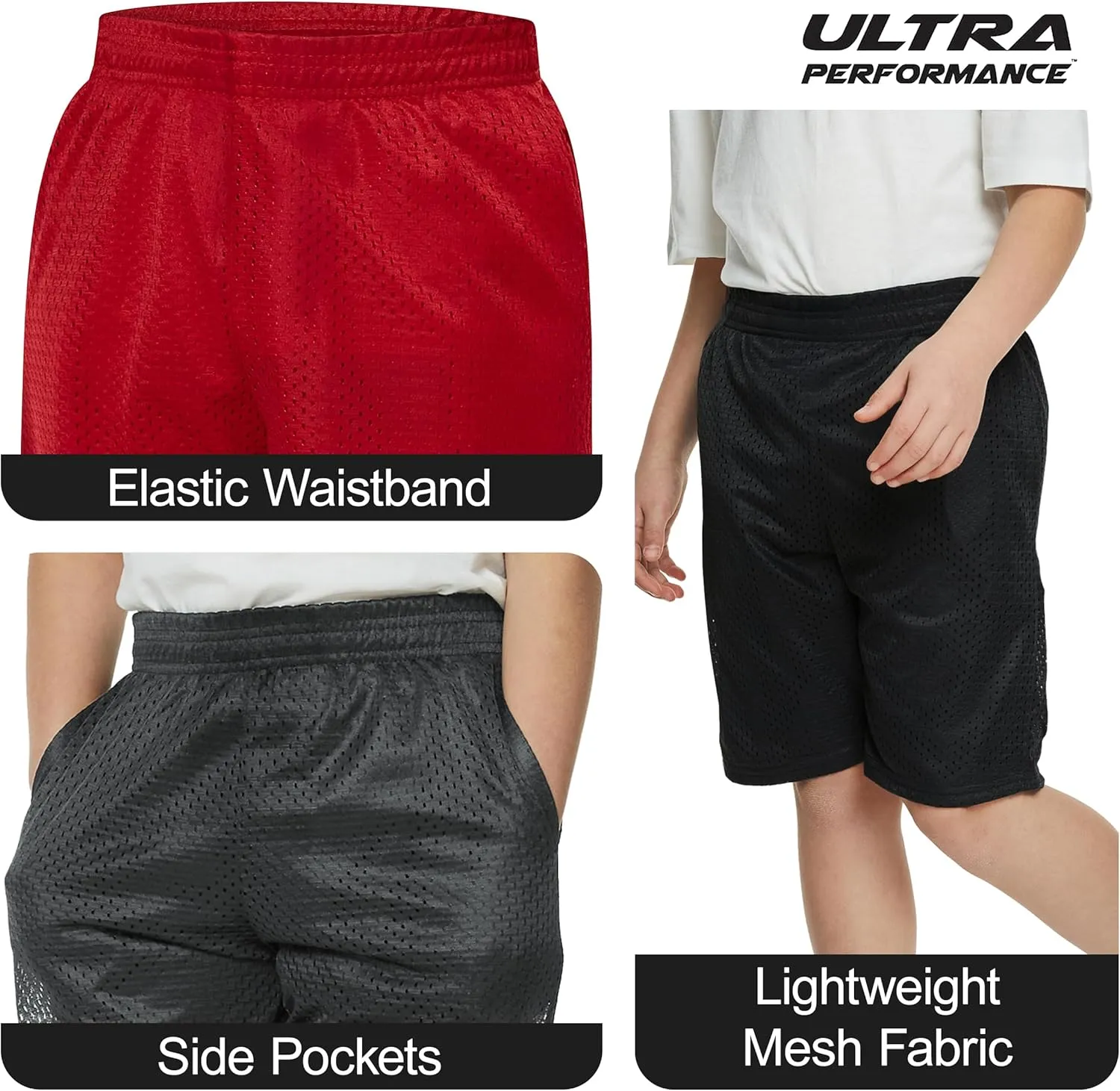 Ultra Performance Boy's Basketball Short's 3 Pack Mesh Athletic Shorts Youth Basketball Soccer & Gym Short for Active Boys