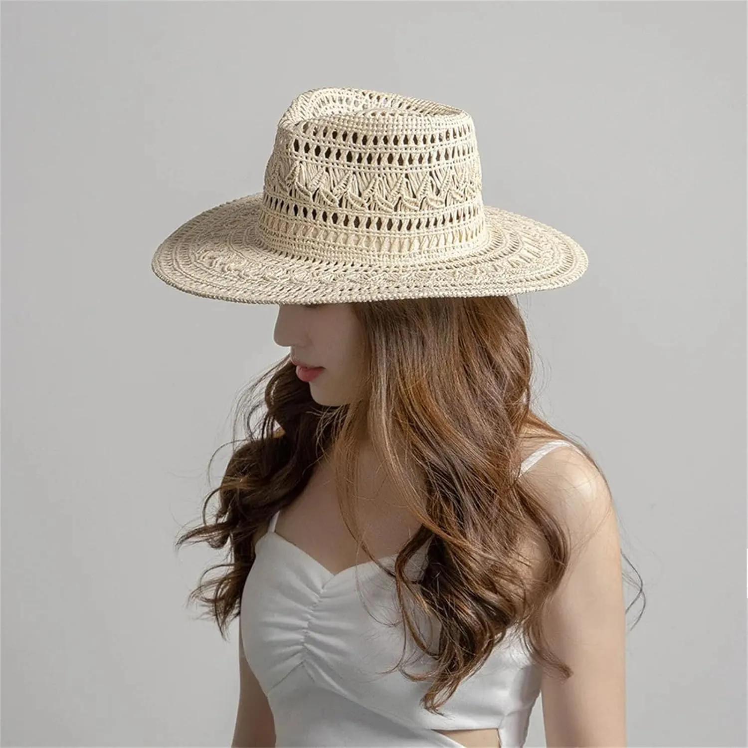 WomenS Fashion Casual Hand Woven Hollow Pattern Straw Hat Spring Summer Ladies Wide Brim Jazz Hat Outdoor Sun Caps