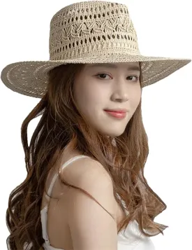 WomenS Fashion Casual Hand Woven Hollow Pattern Straw Hat Spring Summer Ladies Wide Brim Jazz Hat Outdoor Sun Caps